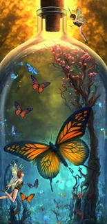 Fantasy wallpaper with a fairy bottle and colorful butterflies.