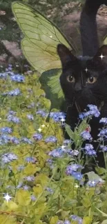 Black cat with fairy wings in a vibrant flower garden.