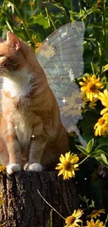 A cat with fairy wings sits among yellow flowers in a sunlit garden.