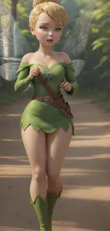 A fairy character walking down a sunlit forest path.