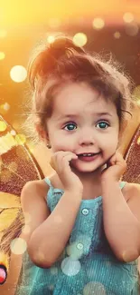 Smiling child with fairy wings in golden light fantasy scene.