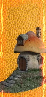 Fairy cottage on a golden textured background wallpaper.