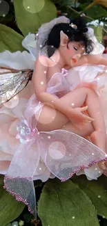 Fairy sleeping on pink petals with shimmering wings and green leaves.