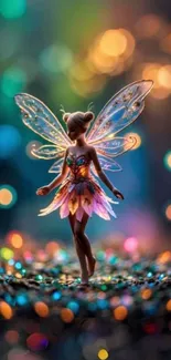 Fairy with illuminated wings in a magical setting.