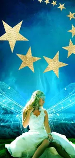 Ethereal fairy with stars on a blue background.