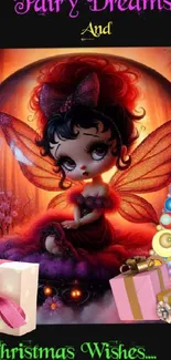 Fairy with festive gifts and colorful decor in a fantasy setting.