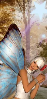 Fairy with blue wings in magical forest wallpaper.