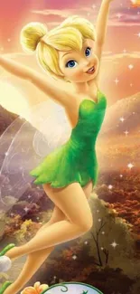 Vibrant Tinker Bell in a magical forest setting mobile wallpaper.