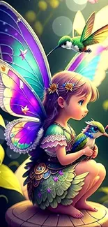 A vibrant fairy with hummingbirds in a magical forest setting on a mobile wallpaper.