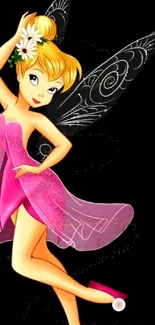 Whimsical fairy in a sparkling pink dress with elegant wings on a black background.