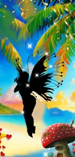 Fairy silhouette in tropical paradise with palm trees and hearts.