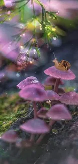 Snail on purple mushrooms in a mystical forest scene.