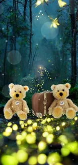 Teddy bears in a glowing fairy forest with fireflies.