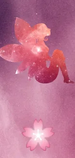 Silhouette of fairy on pink galaxy background mobile wallpaper.