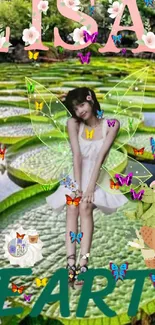 Fairy sitting on lily pads in a serene garden setting.