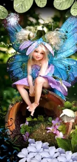 Enchanting fairy with blue wings in a magical garden setting.