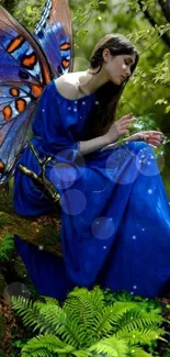 Magical fairy with blue wings in lush forest landscape.