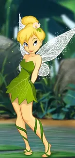 Fairy in green dress with wings in forest setting.