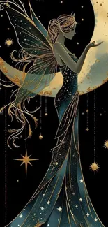 Fairy under a moon, surrounded by stars.