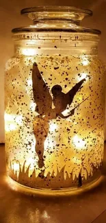 Golden fairy lantern jar with glowing silhouette.