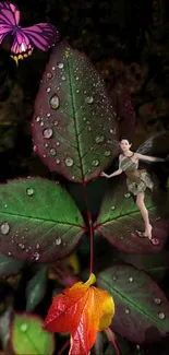 A fairy stands on dewy leaves under a butterfly in a mystical nature scene.