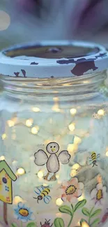 Mobile wallpaper with a jar of fairy lights and floral design.