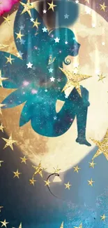 Fairy silhouette with stars and moon on mobile wallpaper.