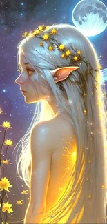 Ethereal fairy with moonlit glow and flowers in a fantasy landscape.