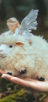 A fairy with wings riding on a fluffy sheep, held in a gentle hand.