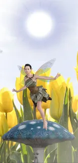 Fairy on a mushroom with yellow tulips and sun.