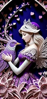 Fairy princess embraces purple bird in floral art wallpaper.