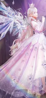 Fairy princess with crystal wings in lavender gown.