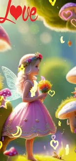 Enchanting fairy princess with colorful mushrooms in magical forest.