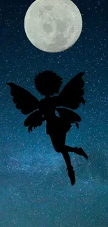 Fairy silhouette against full moon night sky wallpaper.