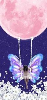 Fairy with butterfly wings swings beneath a pink moon in a floral dreamscape.