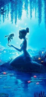 Princess kneeling by water with a frog, under a magical blue night sky.