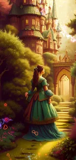 Enchanted castle with a princess on a lush pathway, surrounded by vibrant greenery.