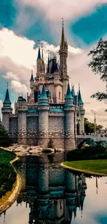 Fairy tale castle with reflection in serene water under a vibrant teal sky.