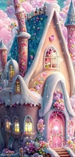 Whimsical fairy tale castle in pastel colors with a magical, dreamy design.