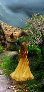 A woman in a yellow dress walking towards a rustic cottage in a lush, green forest.