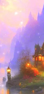 A mystical cottage by the lake with purple mountains in a fantasy setting.