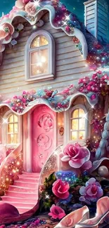 An enchanting fairy tale cottage with roses and ocean view, in vibrant colors.