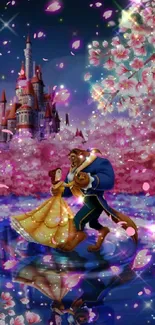 Fairy tale characters dance by a castle under cherry blossoms.