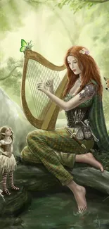 Fantasy art of a fairy playing harp in a magical forest with creatures.