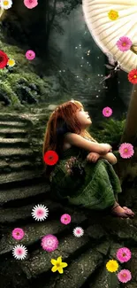 Magical fairies and flowers on a mystical forest path wallpaper.