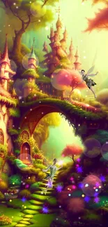 Whimsical fantasy scene with fairies and castles.