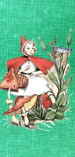 Fairy tale character in red cape with mushrooms on green background.