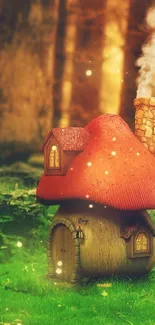 Whimsical mushroom house in enchanted forest wallpaper.