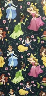 Whimsical fairy tale princess pattern on navy background.