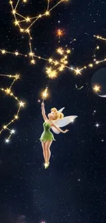 Fairy floating under a starry sky with a crescent moon.